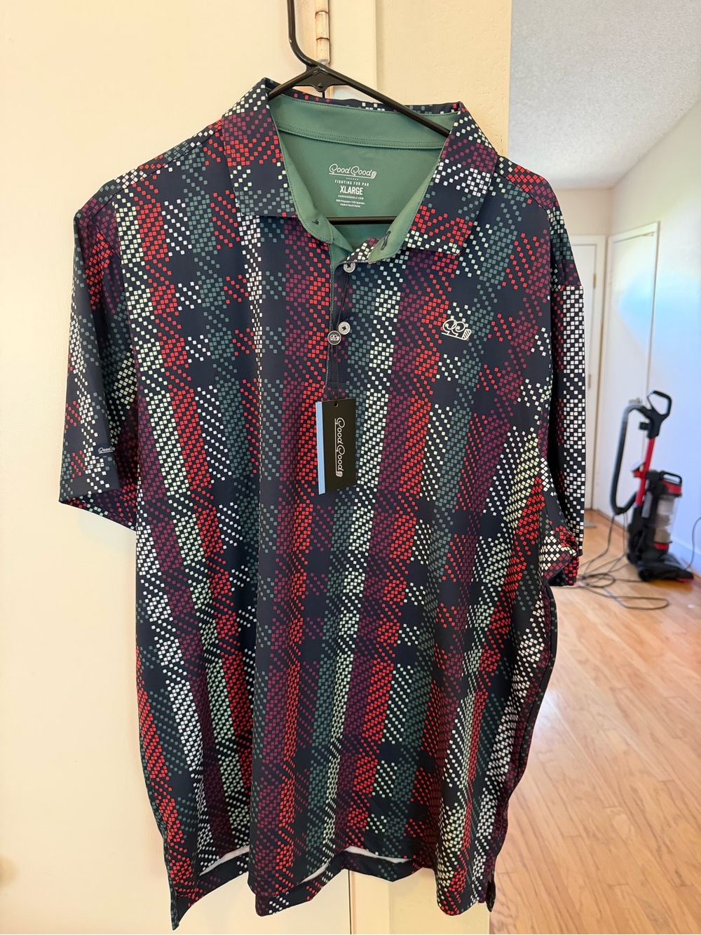 Good Goods Men’s Navy, Red & White Plaid Performance Polo
